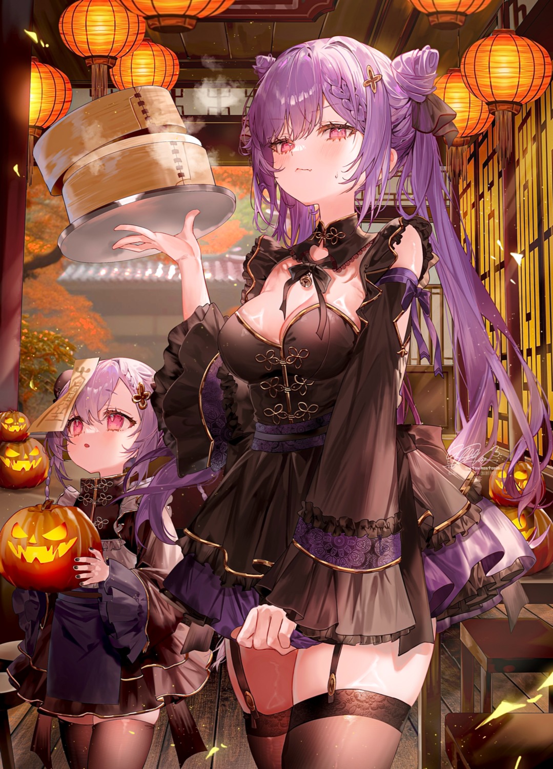 asian_clothes genshin_impact halloween keqing no_bra qiqi stockings thighhighs ullv waitress