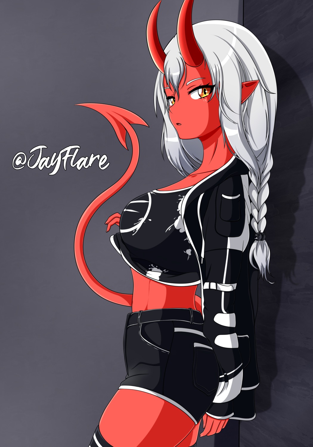 devil horns jay_flare pointy_ears shirt_lift tail thighhighs