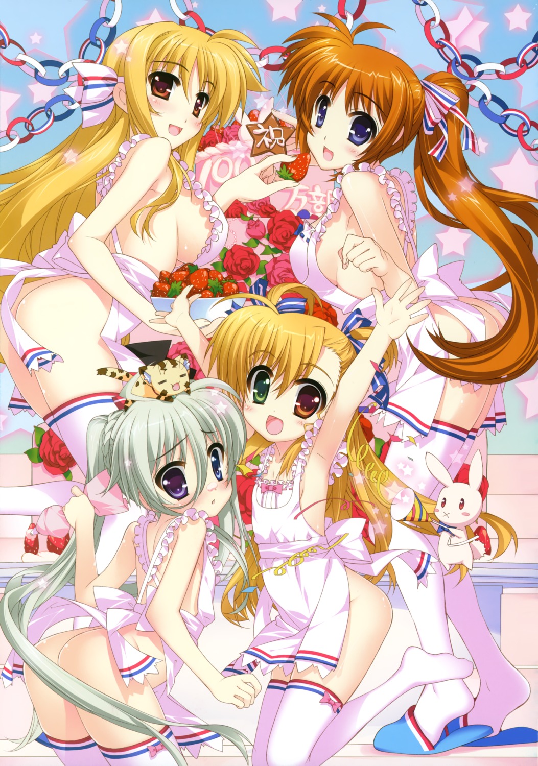 ass asteion einhart_stratos fate_testarossa fujima_takuya heterochromia loli mahou_shoujo_lyrical_nanoha mahou_shoujo_lyrical_nanoha_vivid naked_apron sacred_heart takamachi_nanoha thighhighs vivio