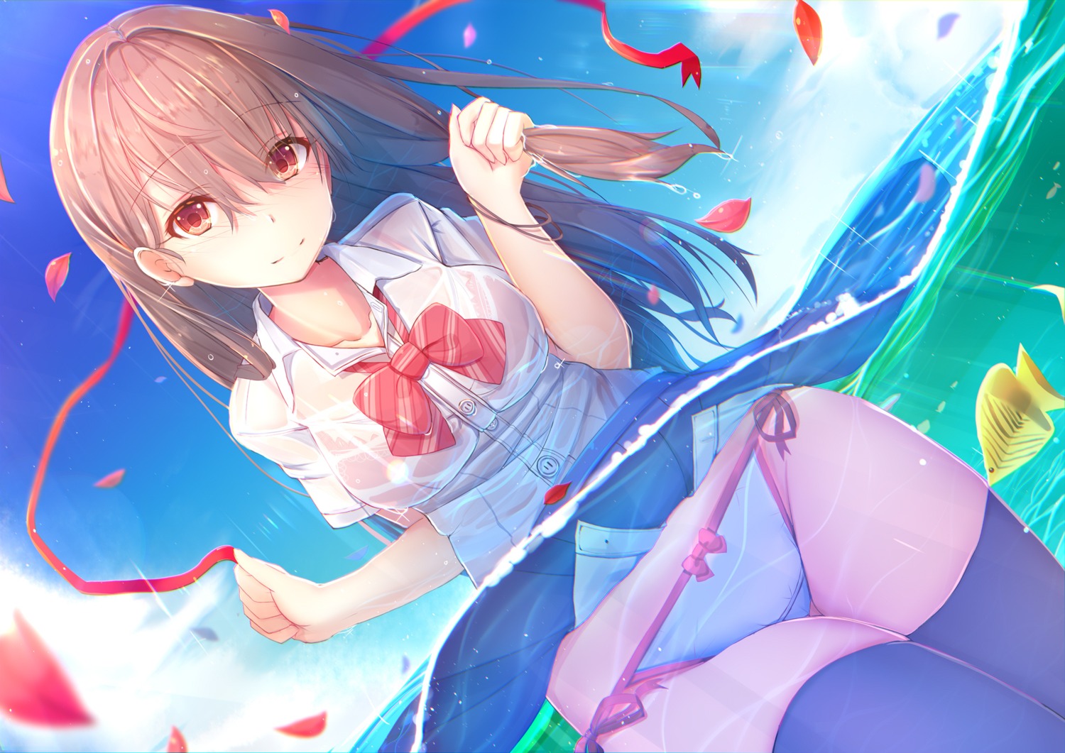 bra duplicate pantsu see_through seifuku skirt_lift string_panties tatapopo thighhighs wet wet_clothes