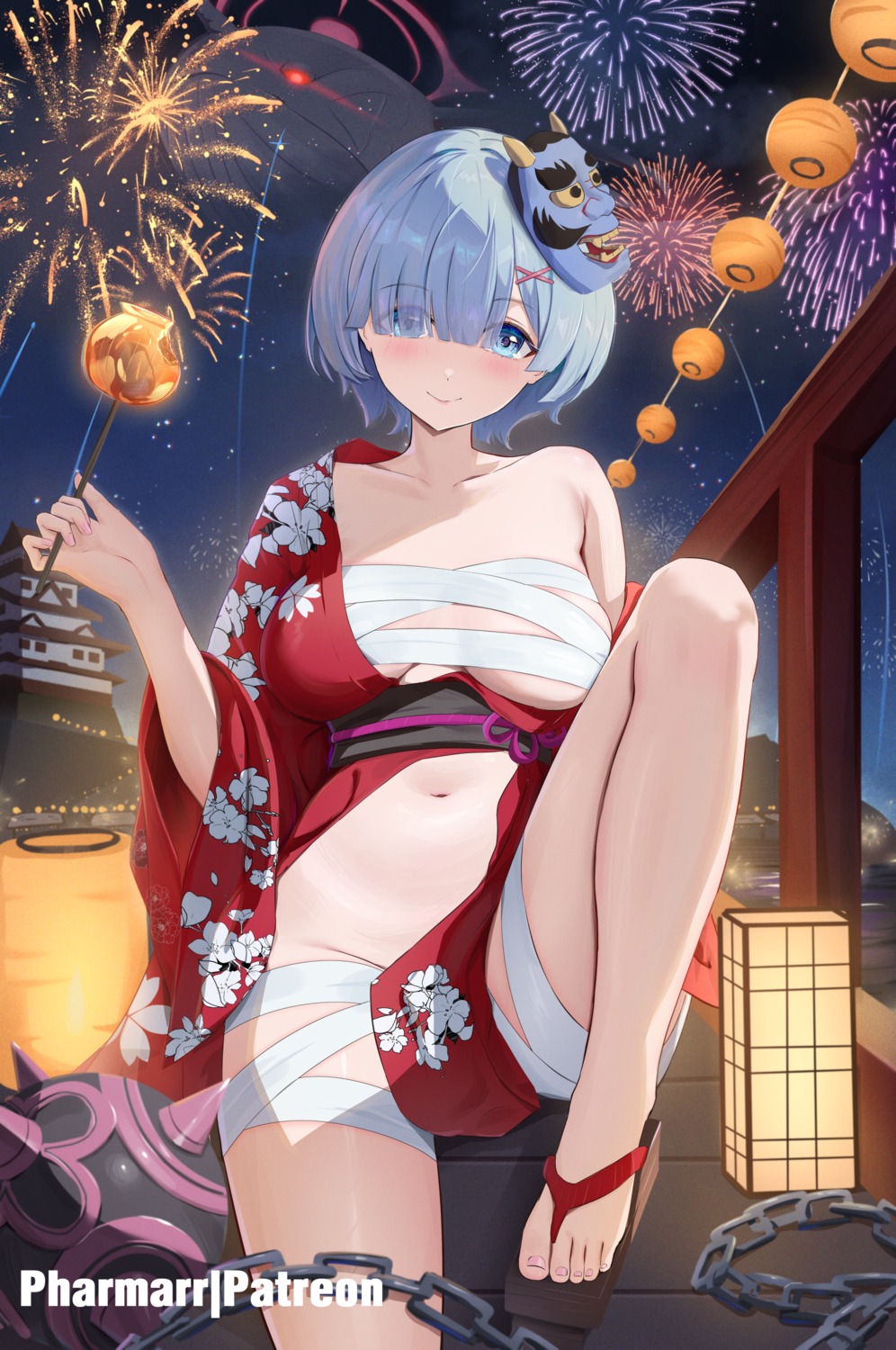 bandages japanese_clothes nopan open_shirt pharmarr re_zero_kara_hajimeru_isekai_seikatsu rem_(re_zero) sarashi yukata