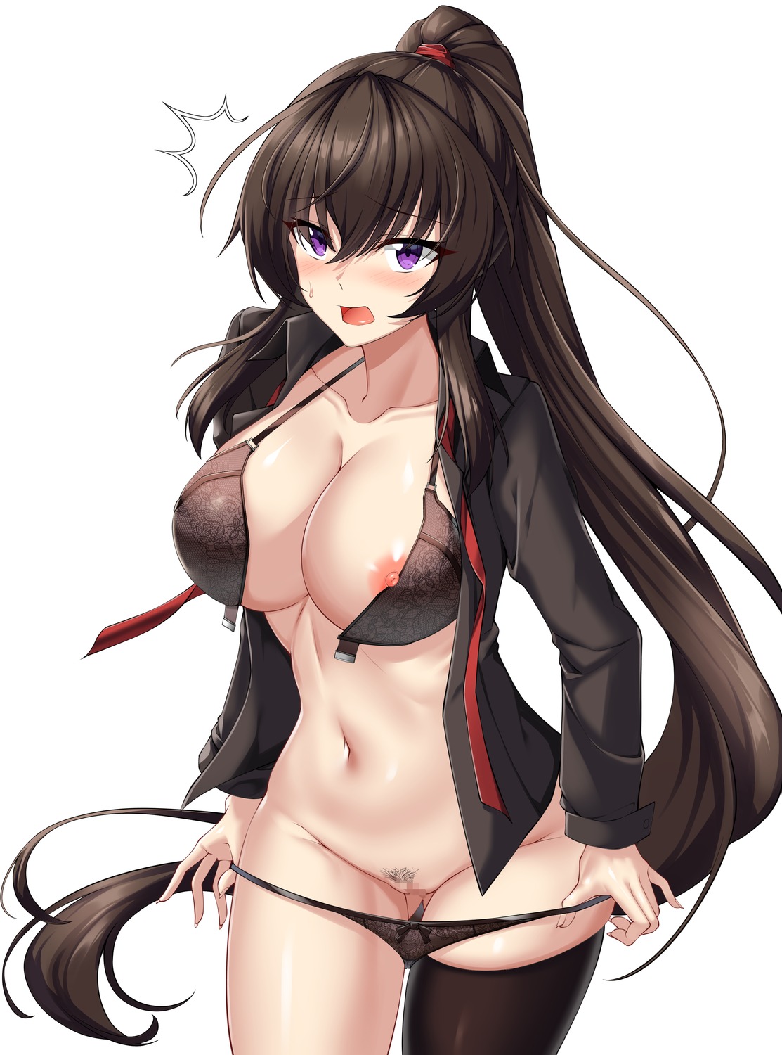 bra censored counter:side elze_(s01047480836) nipples open_shirt pantsu panty_pull pubic_hair pussy thighhighs undressing