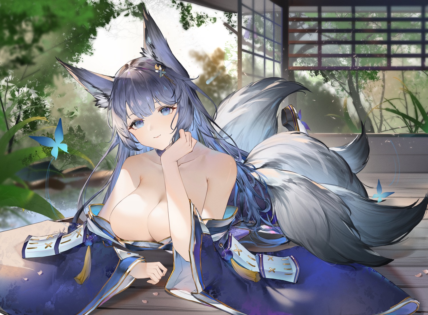 animal_ears azur_lane flantia japanese_clothes kitsune no_bra shinano_(azur_lane) tail