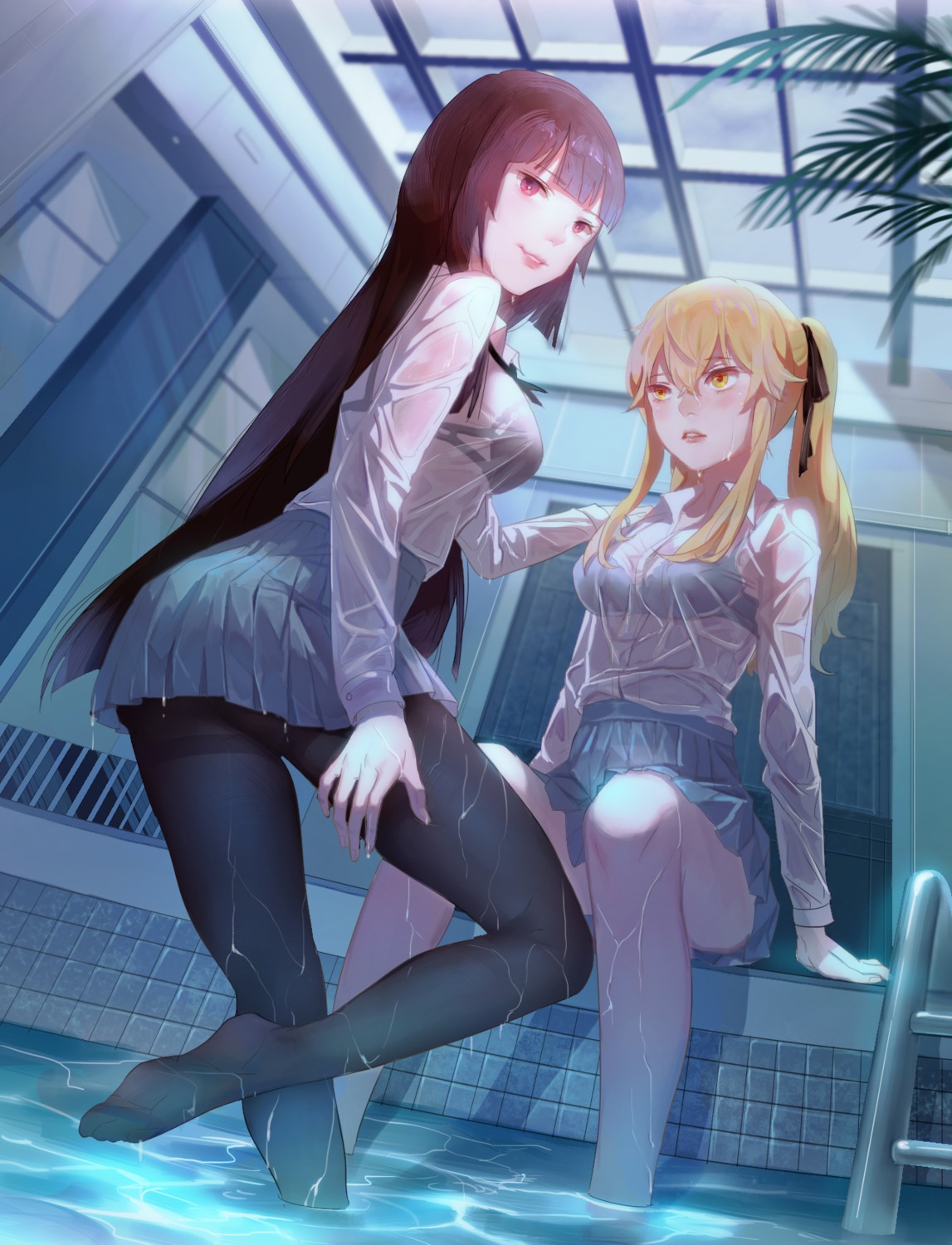 bra feet jabami_yumeko kakegurui pantyhose saotome_mary sawamaharu see_through seifuku wet wet_clothes