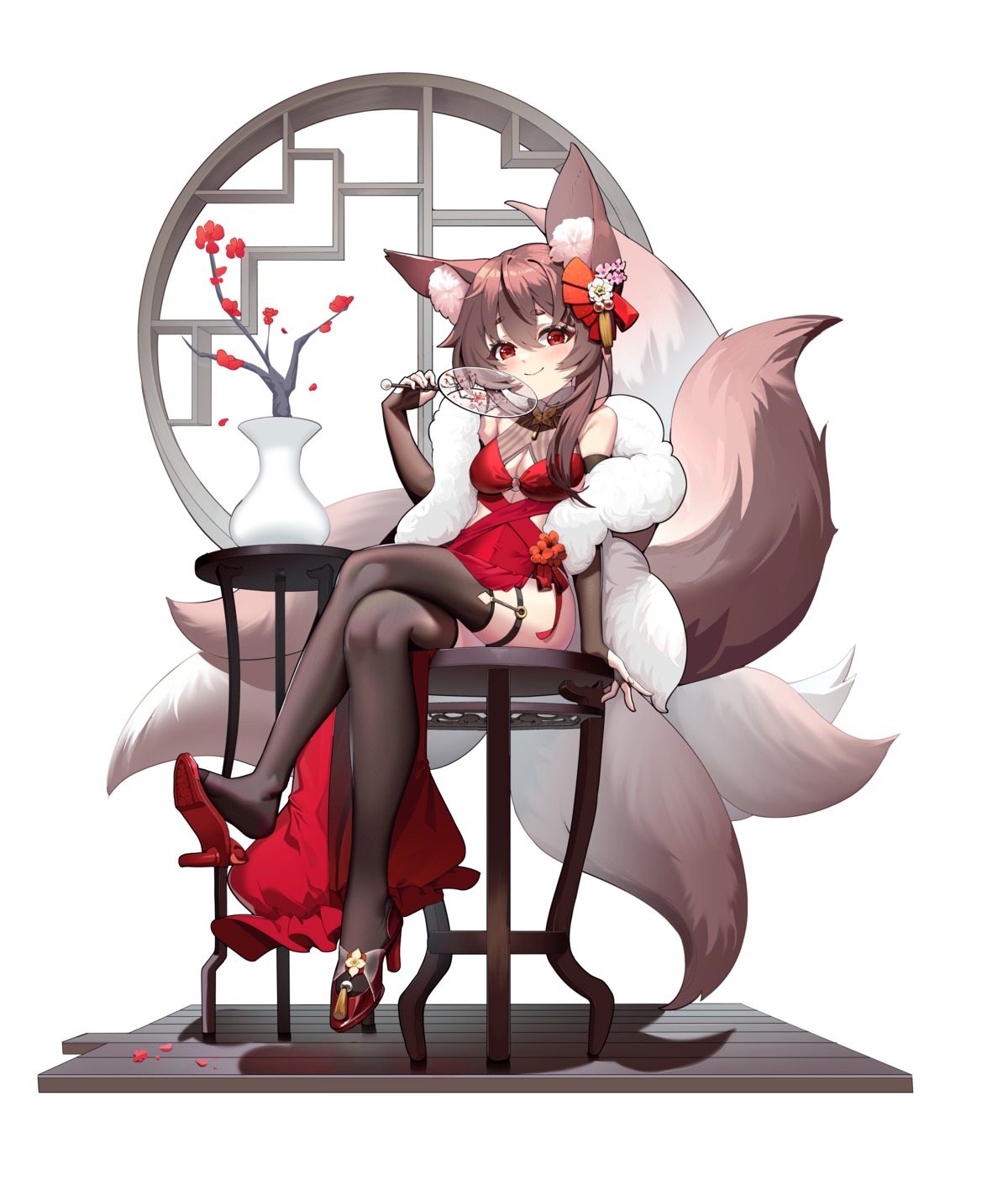 animal_ears cleavage dress garter heels kitsune qiuyueruona stockings tail thighhighs