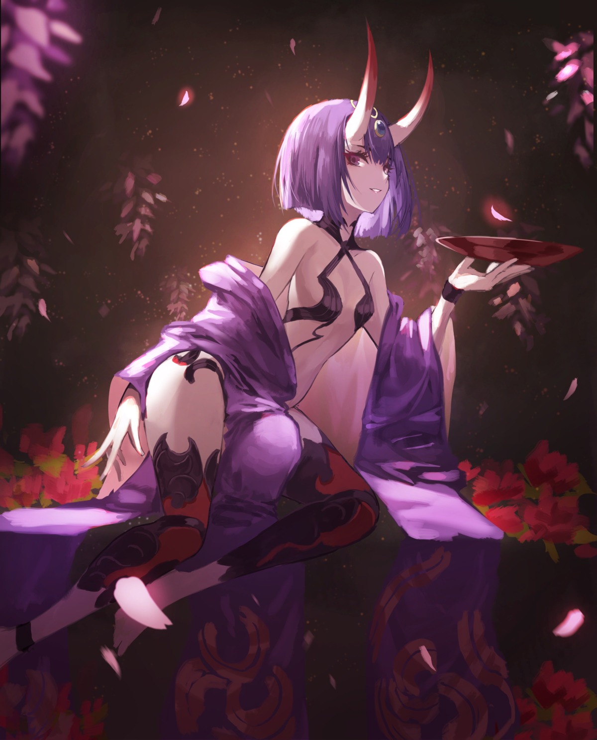 cleavage fate/grand_order horns no_bra open_shirt pro-p shuten_douji_(fate/grand_order) thighhighs