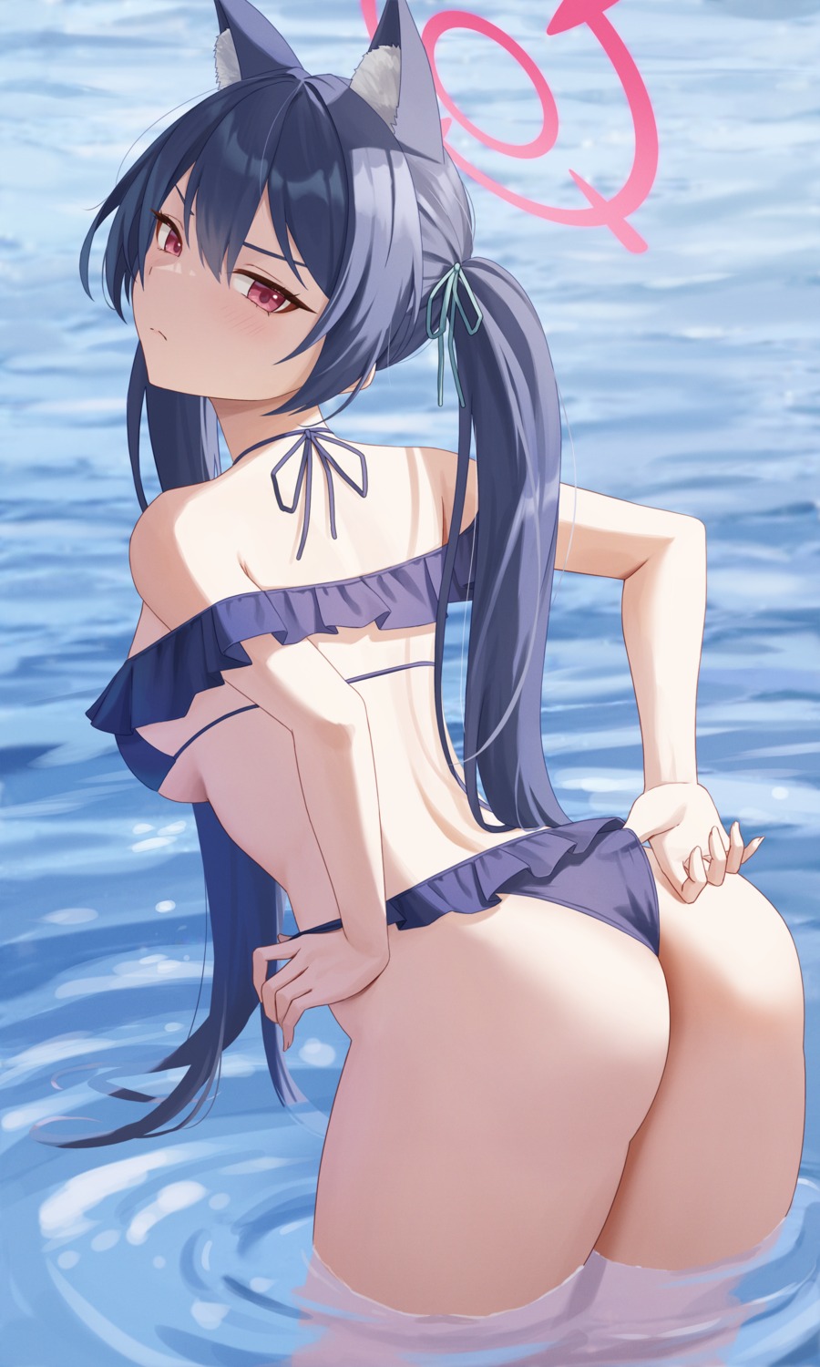 animal_ears ass bikini blue_archive halo kuromi_serika nekomimi rinrasetsu swimsuits thong wet