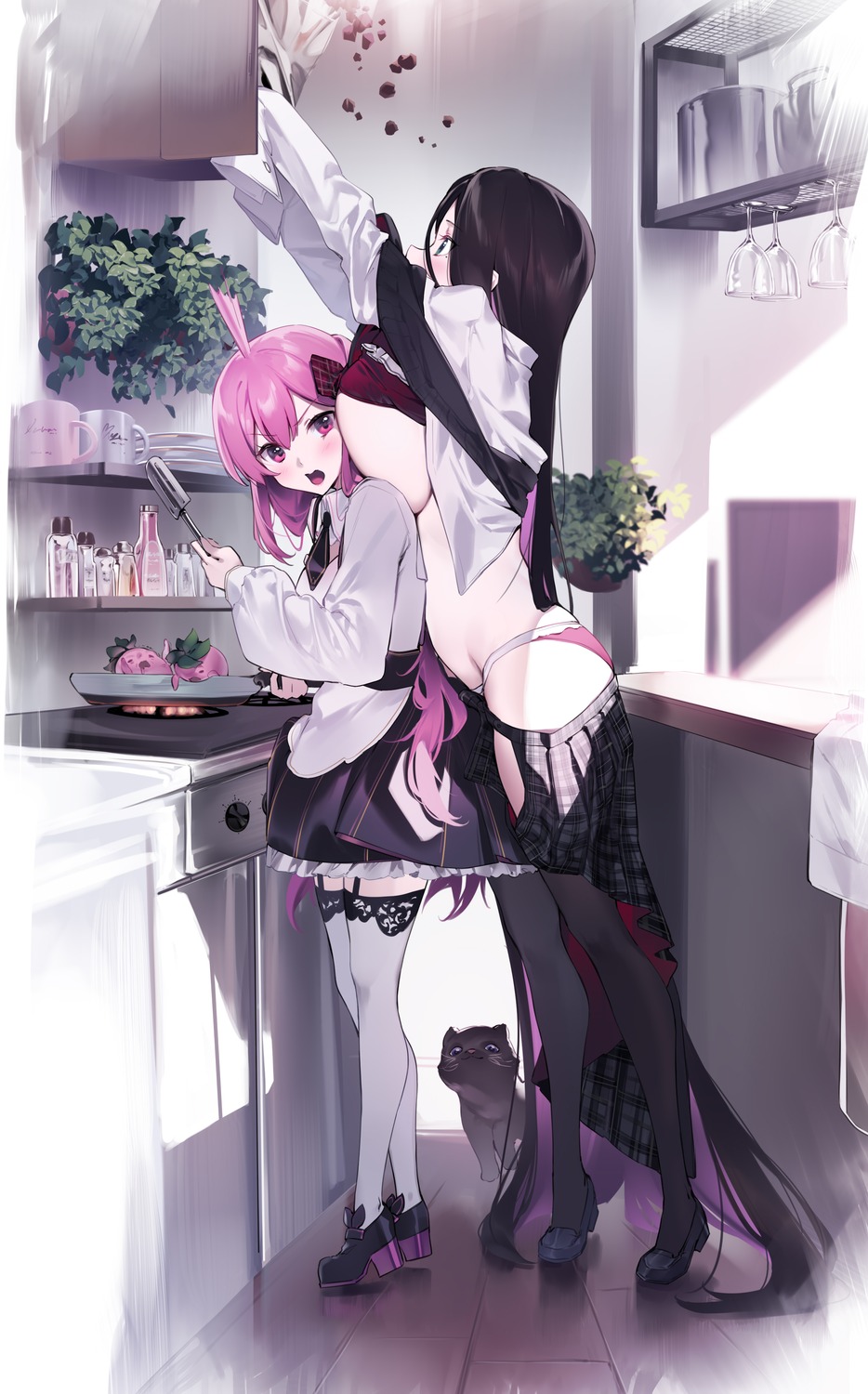 ako_ko bra heels neko open_shirt pantsu pity seifuku stockings thighhighs wardrobe_malfunction yaguo yuri