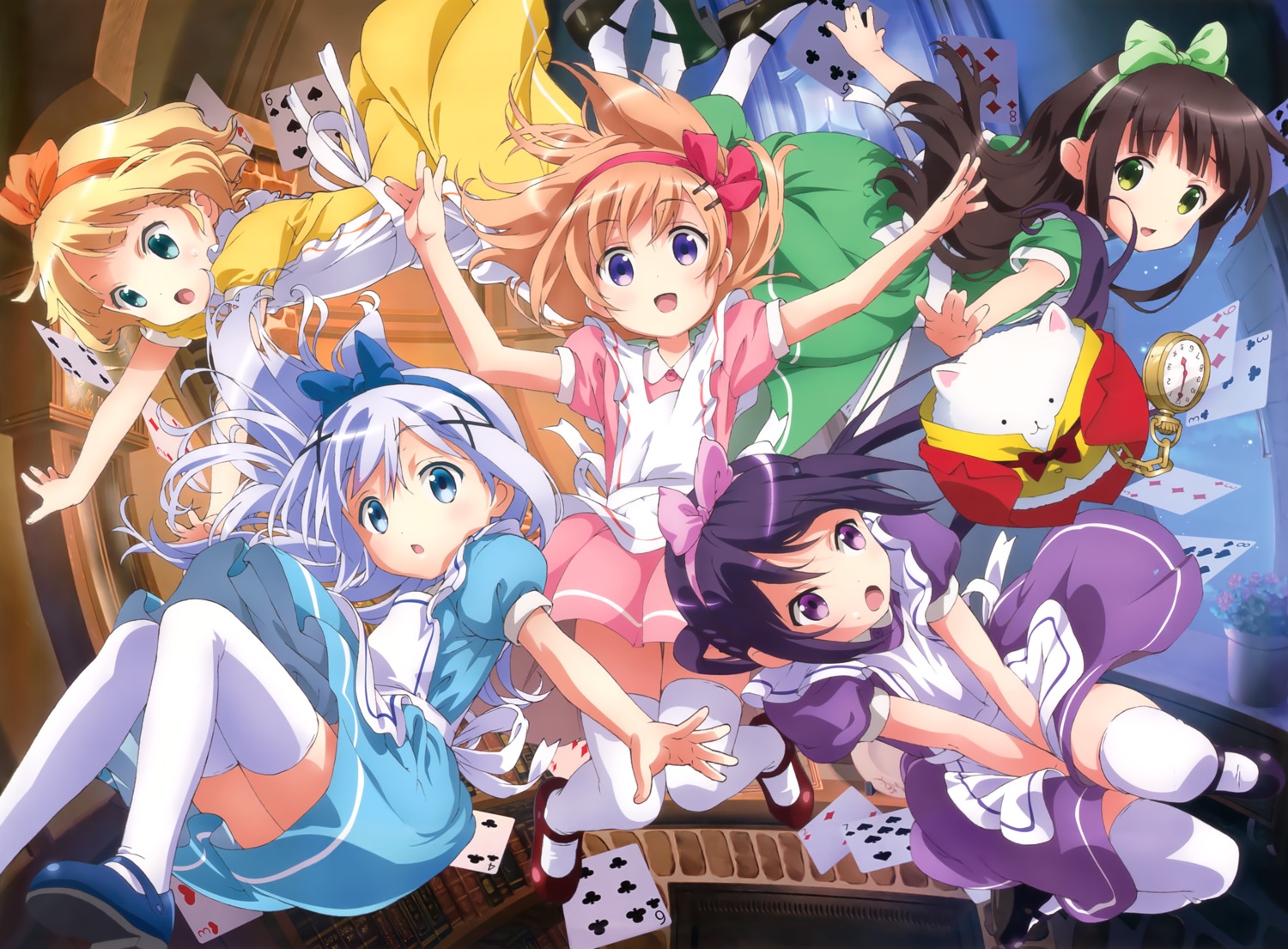 alice_in_wonderland gochuumon_wa_usagi_desu_ka? hoto_cocoa kafuu_chino kirima_sharo okuda_yousuke possible_duplicate skirt_lift tedeza_rize thighhighs tippy_(gochiusa) ujimatsu_chiya waitress