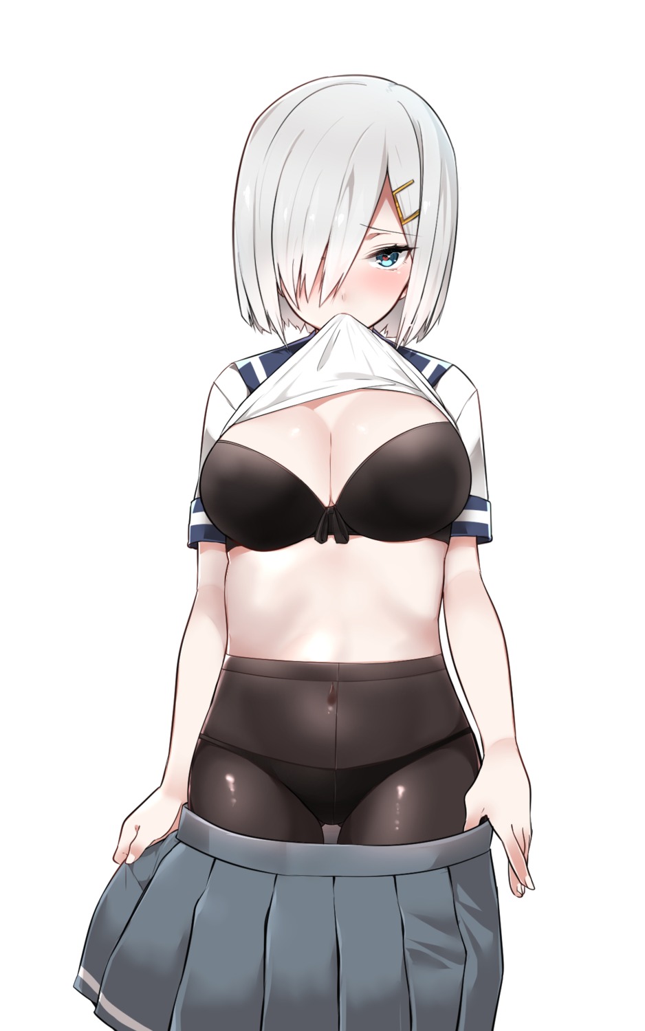 bra cleavage hamakaze_(kancolle) kantai_collection mitsudoue pantsu pantyhose seifuku shirt_lift undressing