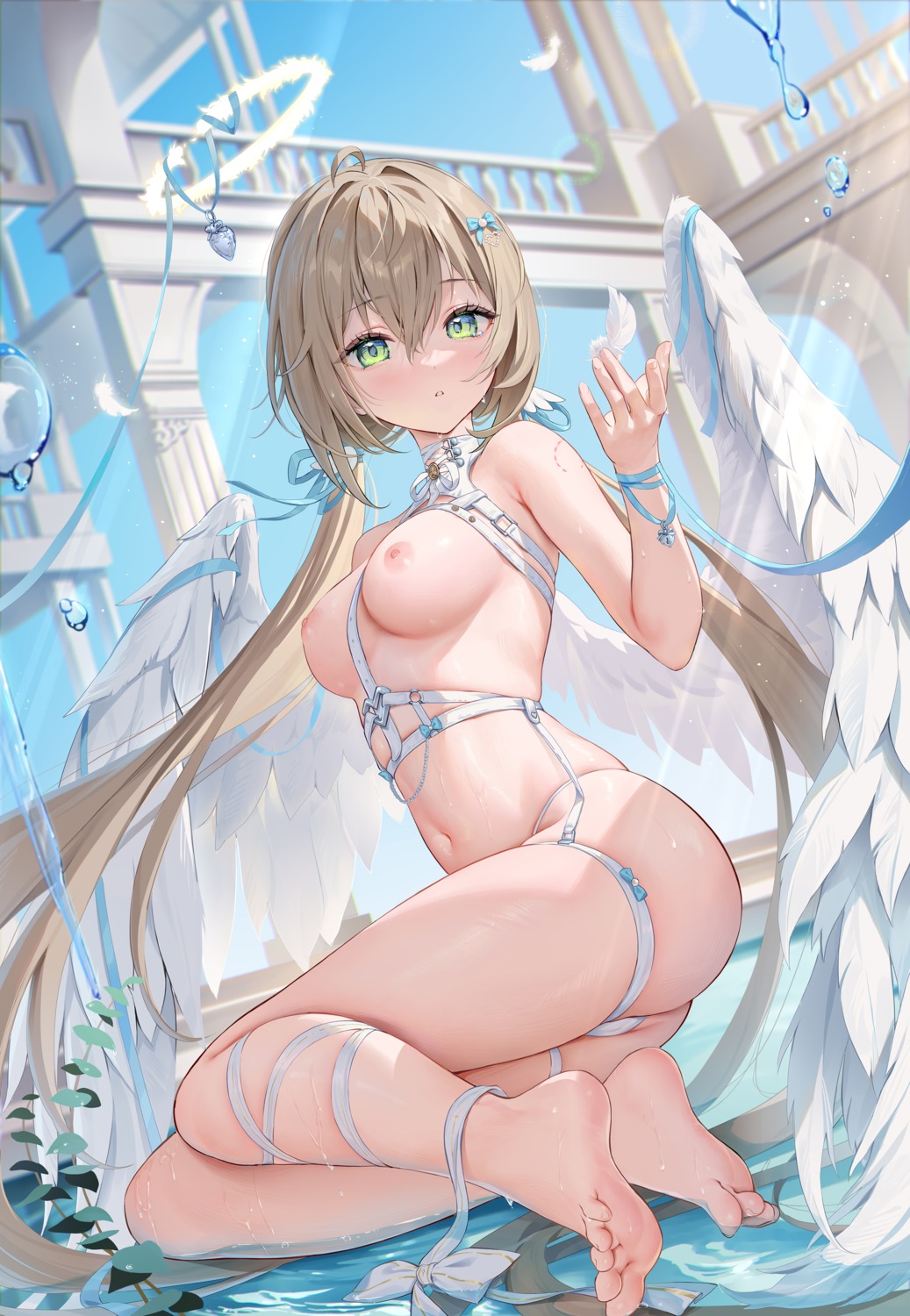 angel breasts feet garter houkisei momoko_(houkiboshi) nipples no_bra pantsu thong wet wings