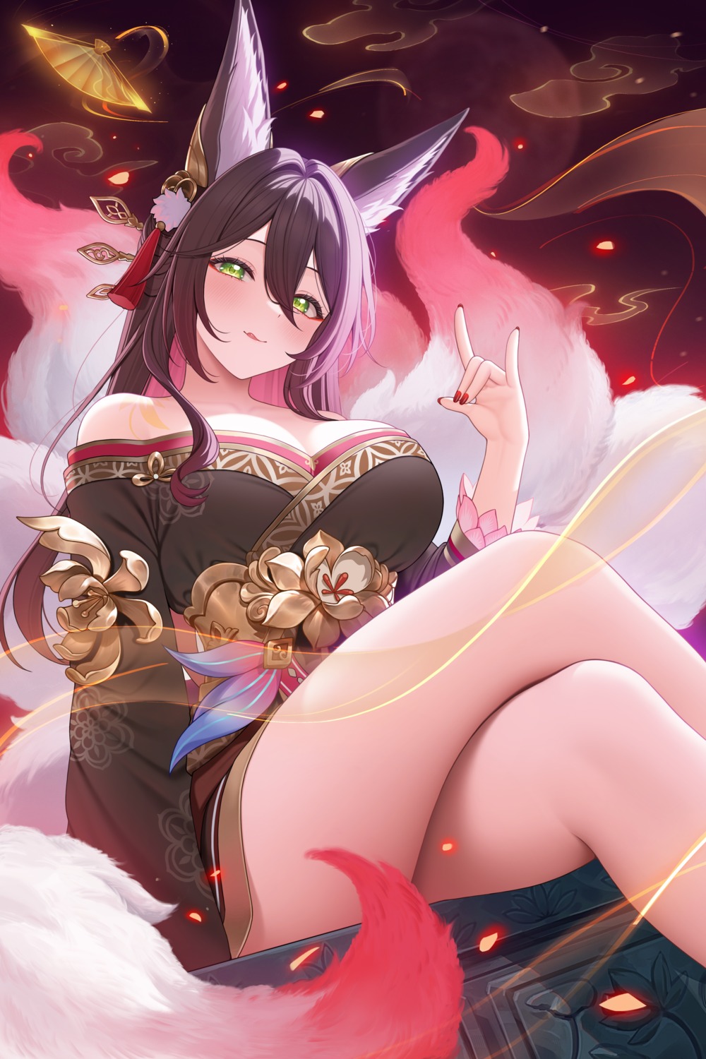 animal_ears fukuro_ko_(greentea) honkai:_star_rail japanese_clothes kitsune no_bra skirt_lift tail tingyun