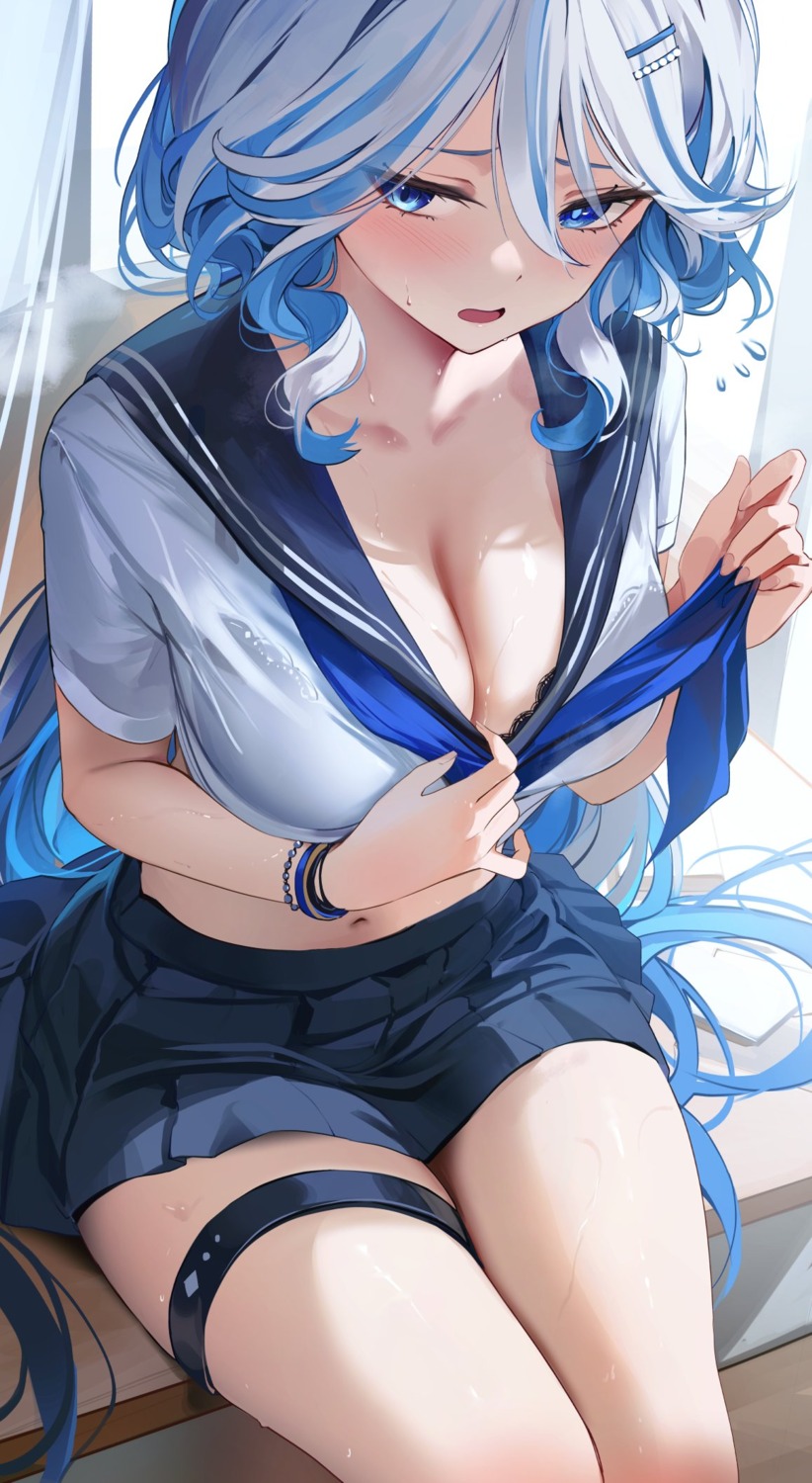 bra fbreeze furina garter genshin_impact heterochromia see_through seifuku wet wet_clothes