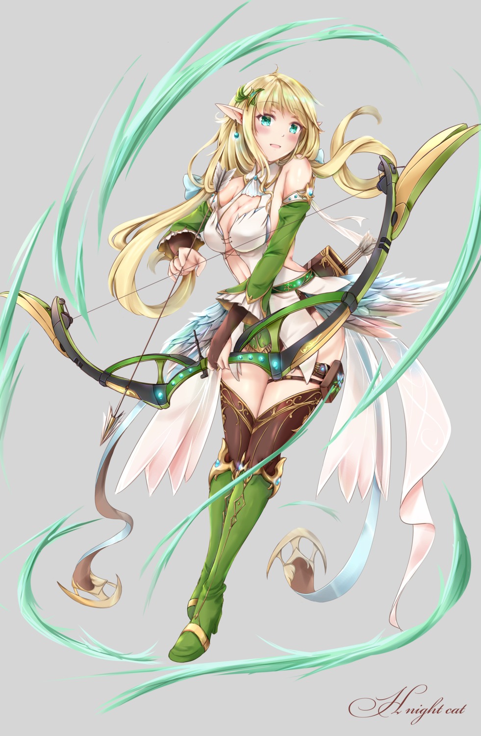 cleavage elf garter h_yoruneko heels no_bra pointy_ears thighhighs weapon