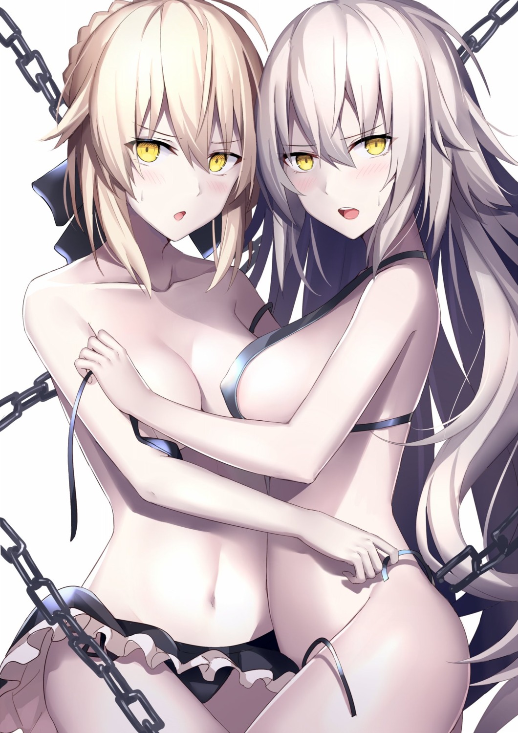 bikini breasts erect_nipples fate/grand_order jeanne_d'arc jeanne_d'arc_(alter)_(fate) panty_pull rin_yuu saber saber_alter swimsuits symmetrical_docking undressing