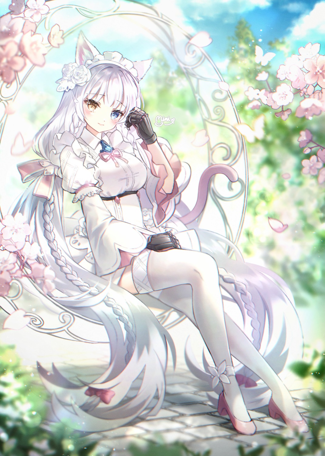 animal_ears danby_merong heels heterochromia nekomimi skirt_lift tail thighhighs