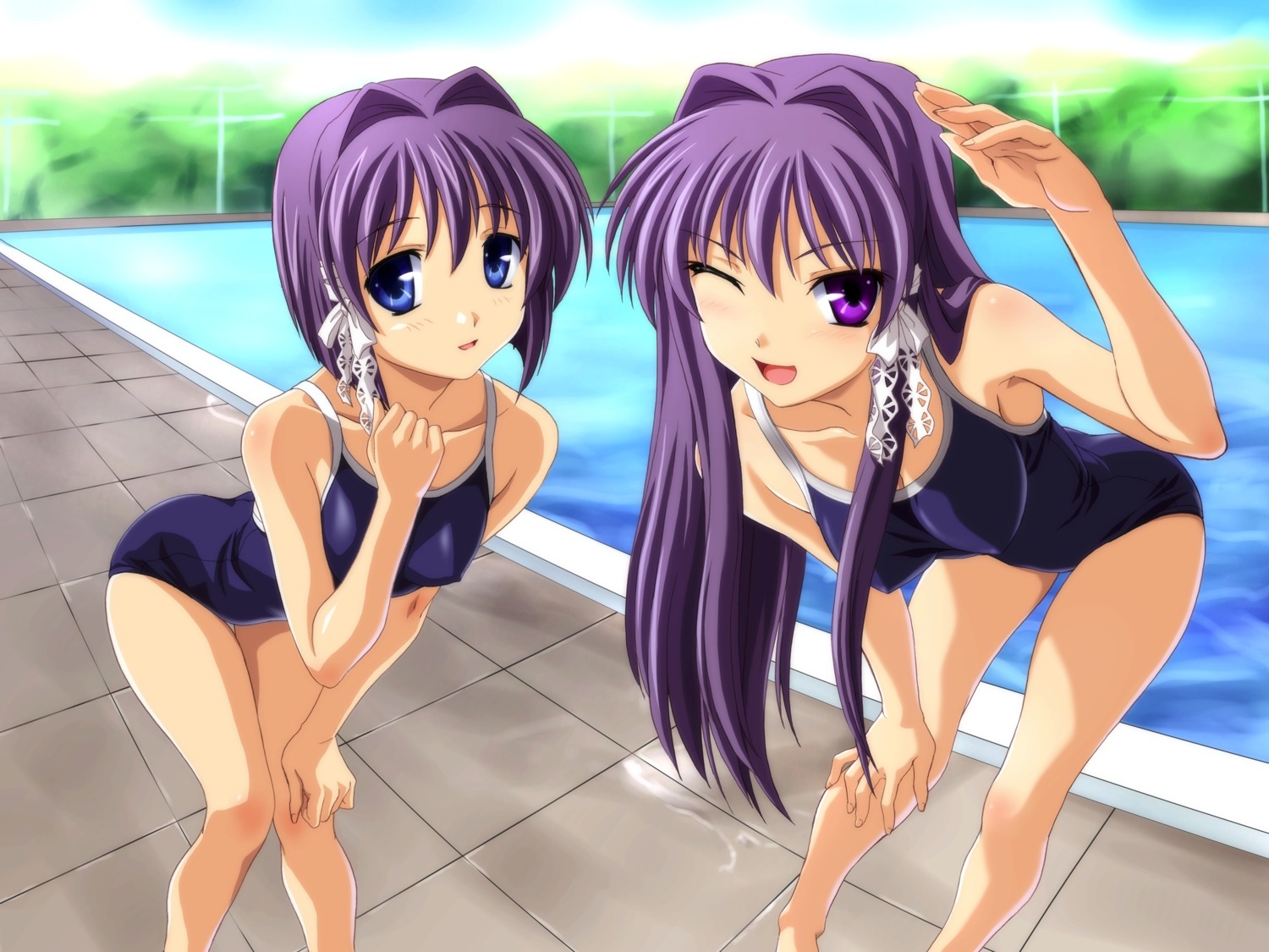 clannad erect_nipples fujibayashi_kyou fujibayashi_ryou norizou_type-r swimsuits