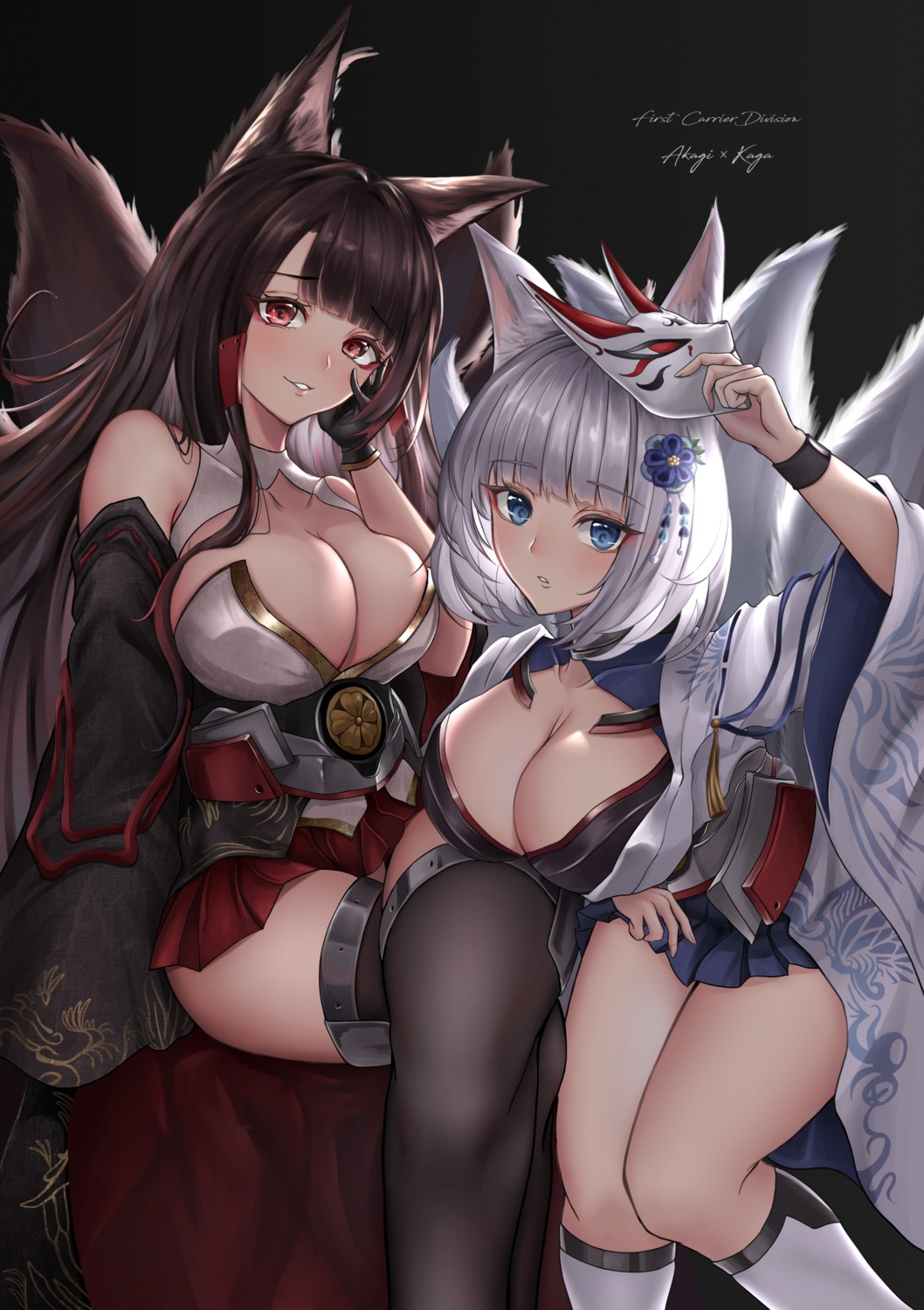 akagi_(azur_lane) animal_ears azur_lane cleavage hikagen_yoshio japanese_clothes kaga_(azur_lane) kitsune no_bra tail thighhighs