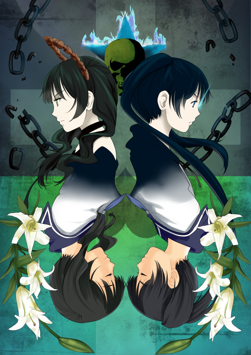 black_rock_shooter black_rock_shooter_(character) dead_master horns kuroi_mato munakata seifuku takanashi_yomi vocaloid