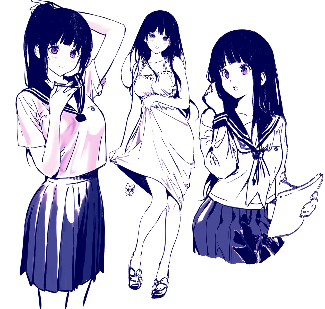 chitanda_eru dress hyouka mery_(yangmalgage) monochrome seifuku sketch skirt_lift summer_dress