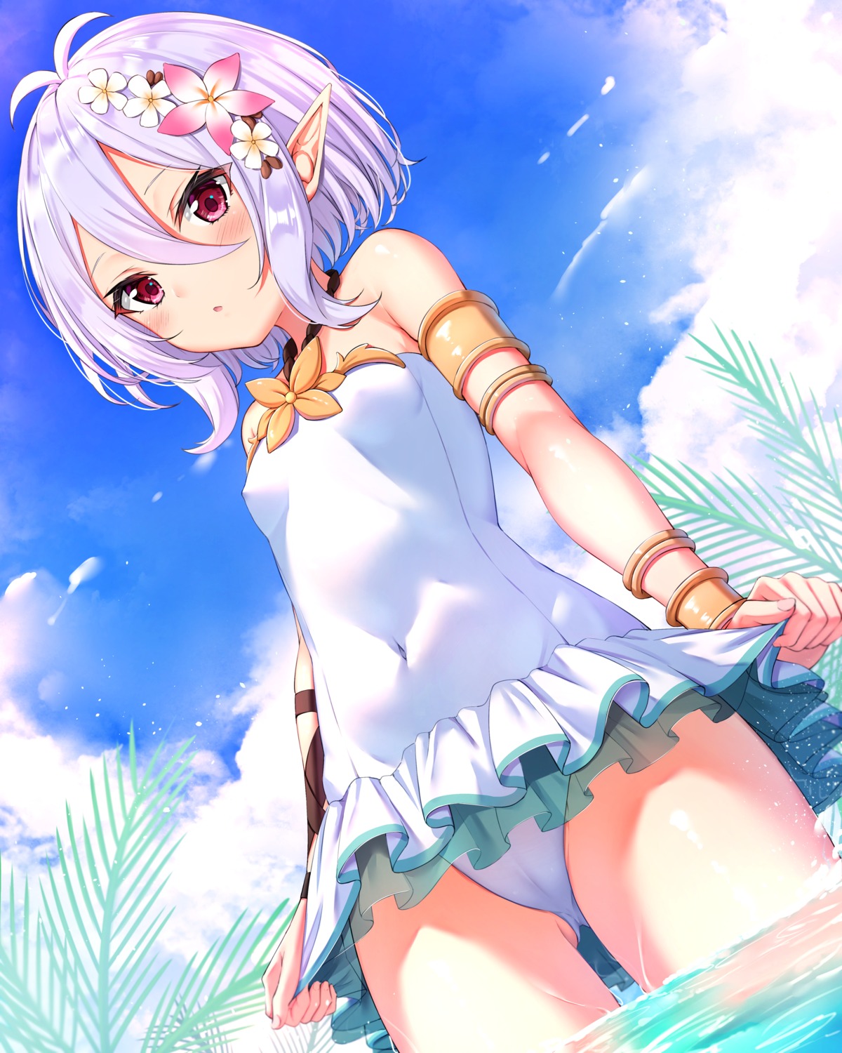 cameltoe erect_nipples kokkoro pointy_ears princess_connect! princess_connect!_re:dive swimsuits wet xue_lu