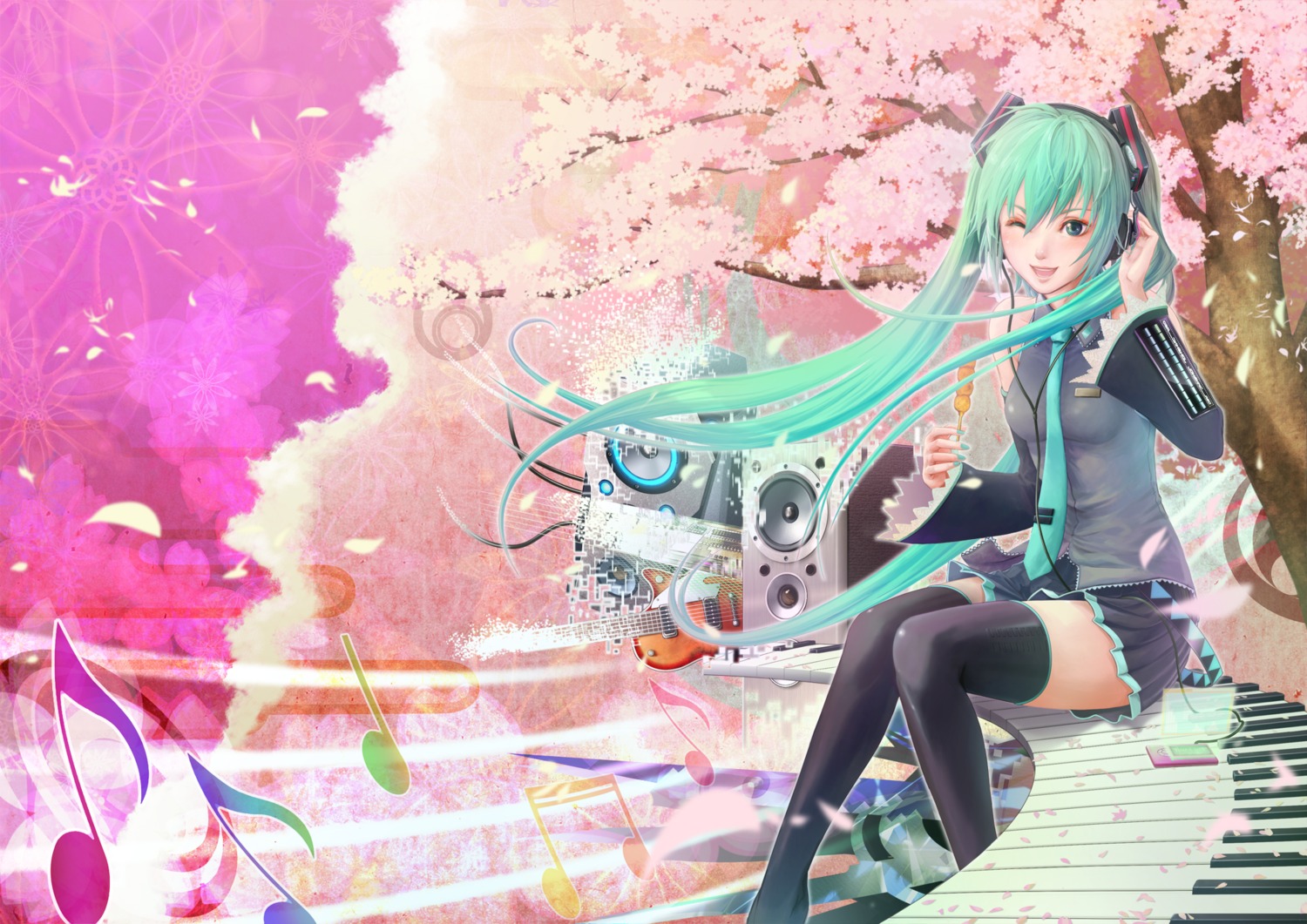 dangan_(pixiv22262) hatsune_miku headphones landscape thighhighs vocaloid