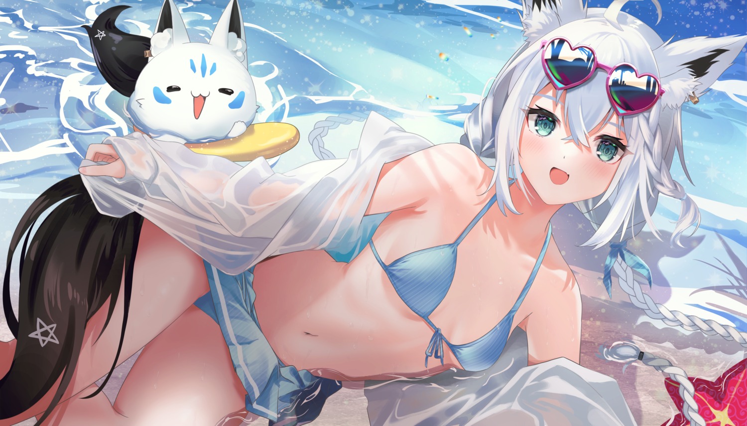 animal_ears bikini hololive hololive_gamers kitsune megane miaohik open_shirt see_through shirakami_fubuki skirt_lift swimsuits tail wet wet_clothes