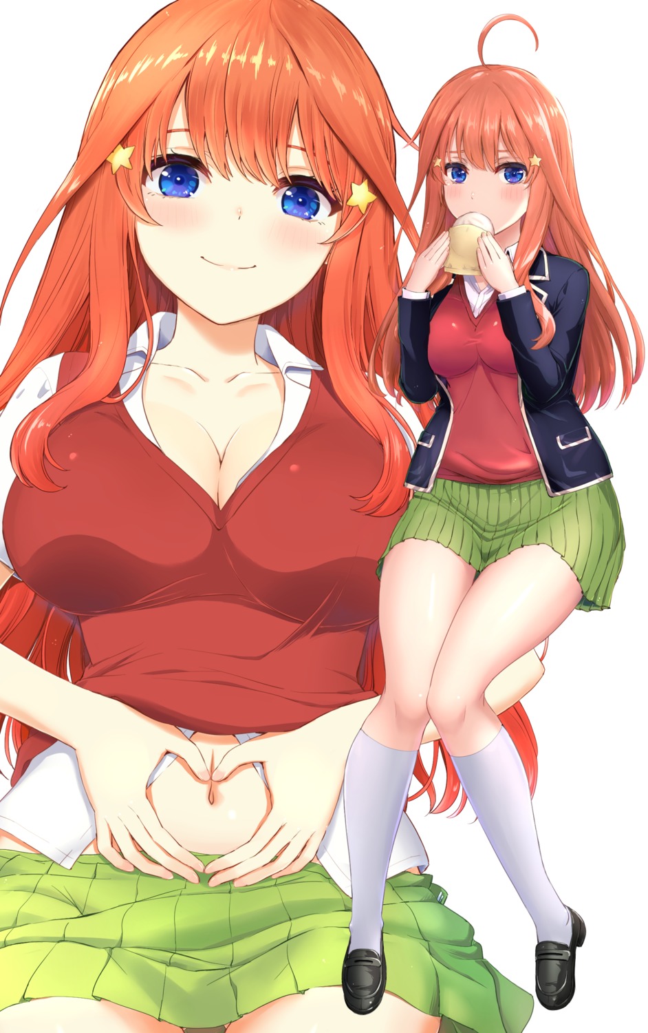 5-toubun_no_hanayome breast_hold cleavage inanaki_shiki nakano_itsuki open_shirt seifuku shirt_lift skirt_lift sweater