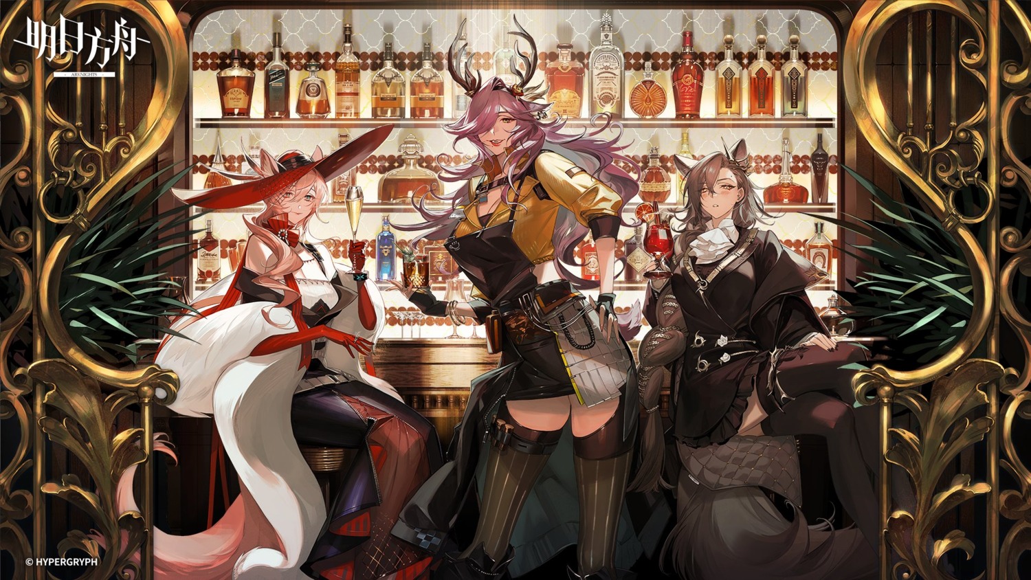 animal_ears arknights cleavage coldshot_(arknights) dress garter heidi_(arknights) horns kaifei_(kaifei_29) no_bra penance skirt_lift tail thighhighs wallpaper