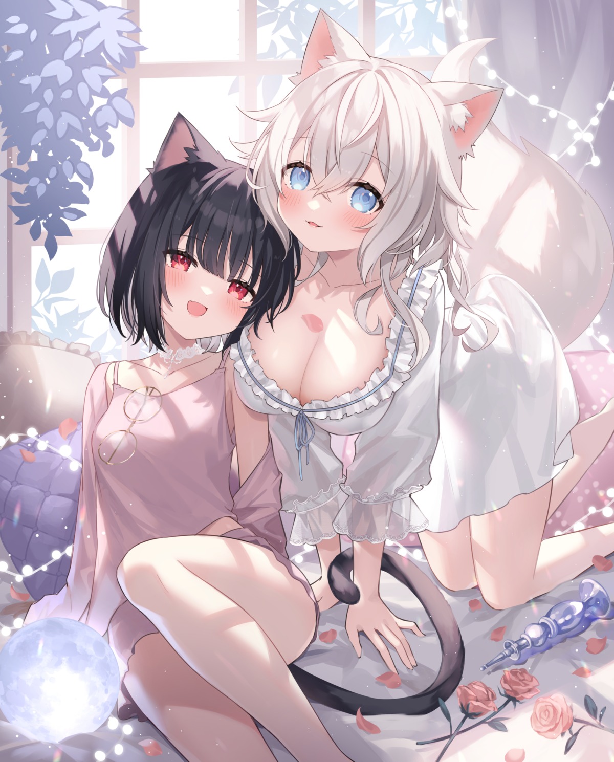 animal_ears lingerie megane nekomimi no_bra pajama saiki_komari tail