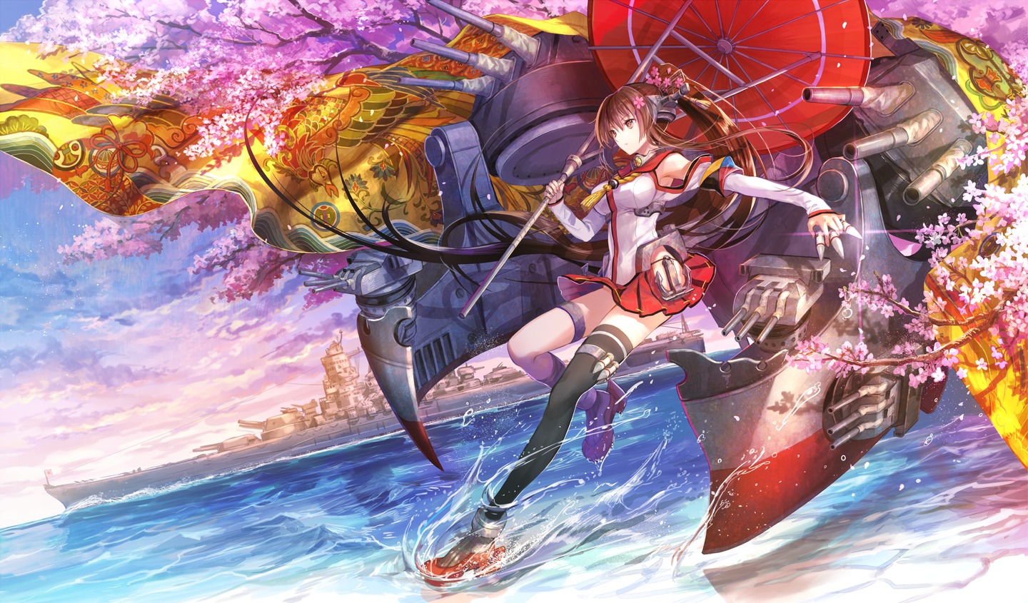 fuzichoko heels kantai_collection nopan thighhighs umbrella yamato_(kancolle)