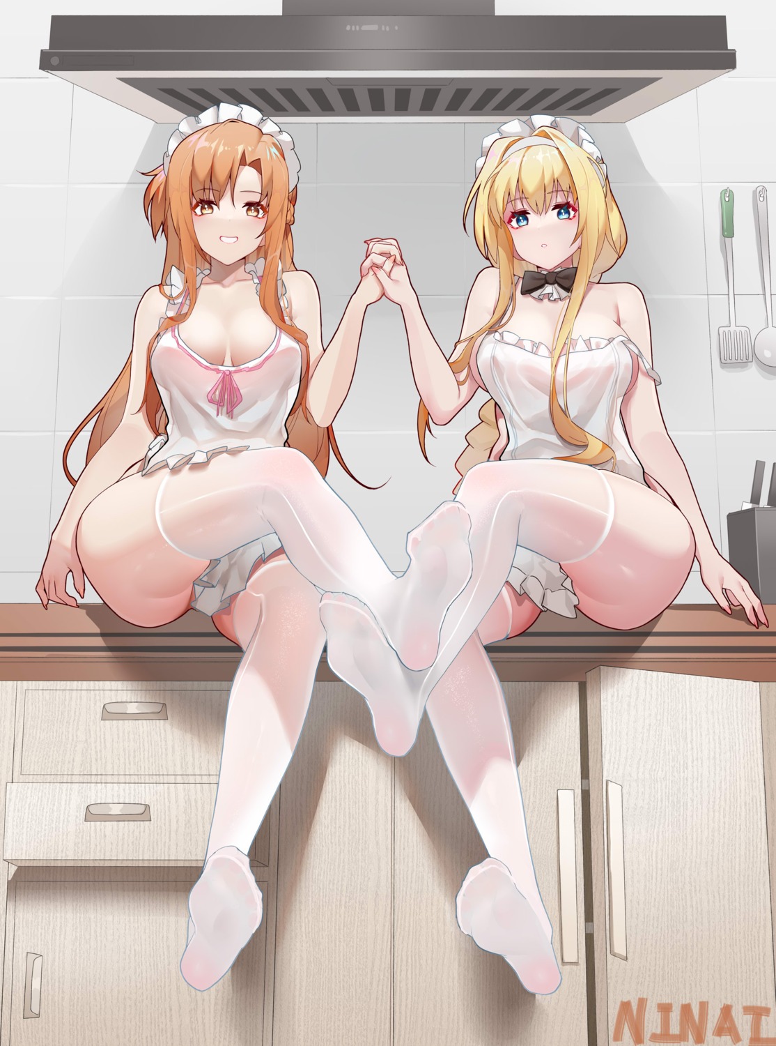 alice_zuberg asuna_(sword_art_online) feet maid naked_apron ninai sword_art_online thighhighs