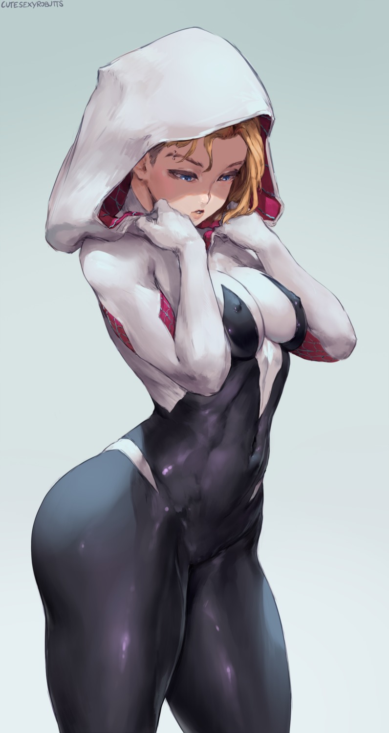 bodysuit breast_hold cutesexyrobutts erect_nipples gwen_stacy marvel spider-gwen spiderman