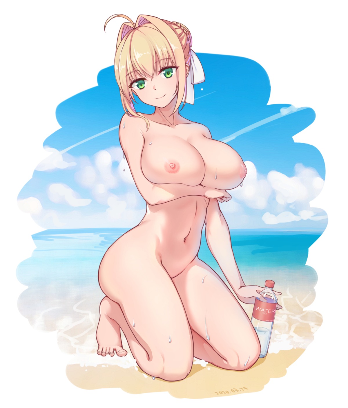 breast_hold fate/grand_order jason_dai naked nipples saber_extra wet