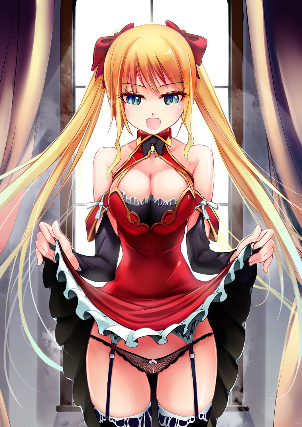 cleavage dress fishnets garter_belt kod0415 pantsu skirt_lift stockings thighhighs