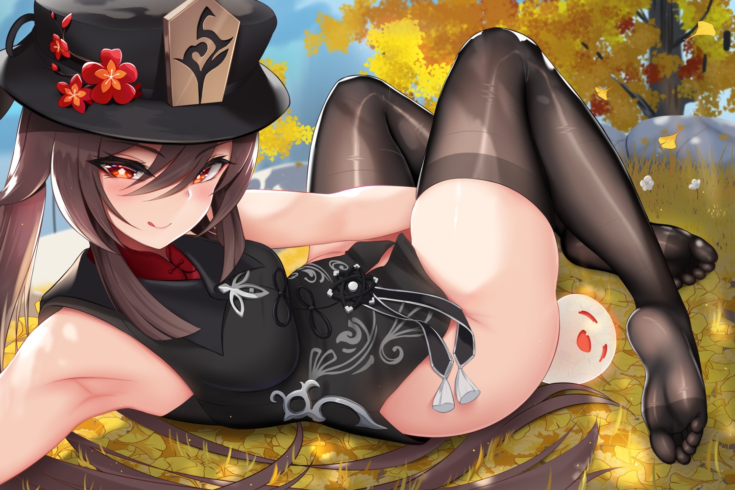 asian_clothes bottomless damao_yu feet genshin_impact hu_tao thighhighs