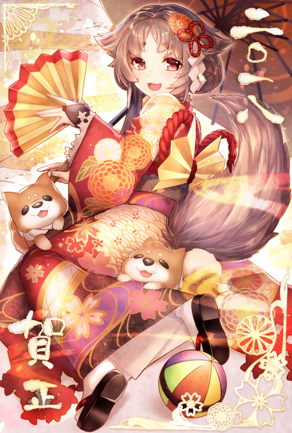 animal_ears ayamori_mimi kimono tail umbrella