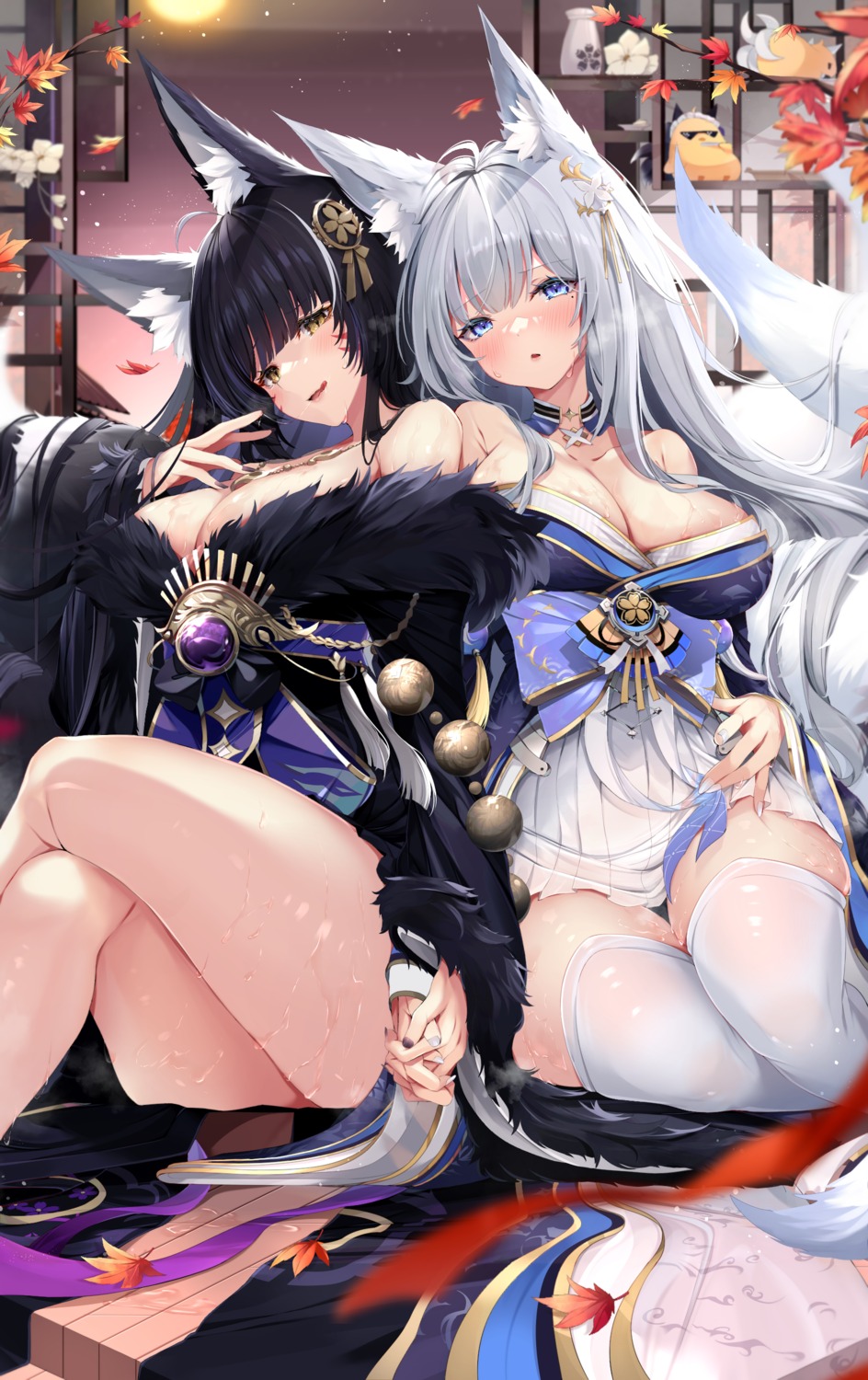 animal_ears azur_lane japanese_clothes kitsune manjuu_(azur_lane) musashi_(azur_lane) no_bra nya_rl open_shirt see_through shinano_(azur_lane) tail thighhighs wet yuri