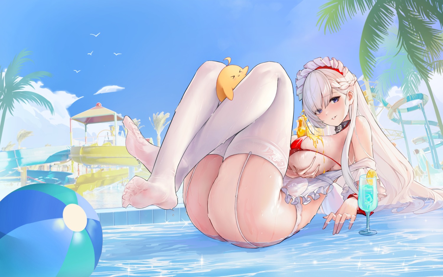 azur_lane belfast_(azur_lane) bikini_top feet maid manjuu_(azur_lane) pantsu shiran1024 stockings swimsuits thighhighs thong wet