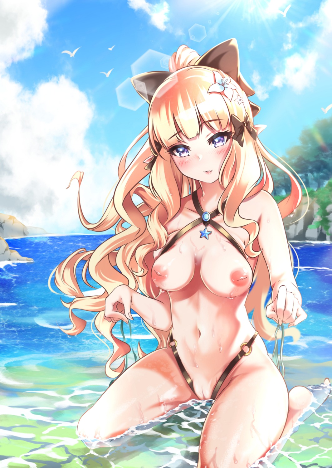 bikini breasts garter hero_(10cl3) nipples princess_connect princess_connect!_re:dive pussy sasaki_saren swimsuits uncensored wet