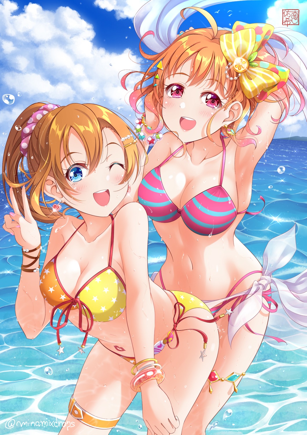 bikini cleavage garter kousaka_honoka love_live! love_live!_sunshine!! minamixdrops swimsuits takami_chika wet