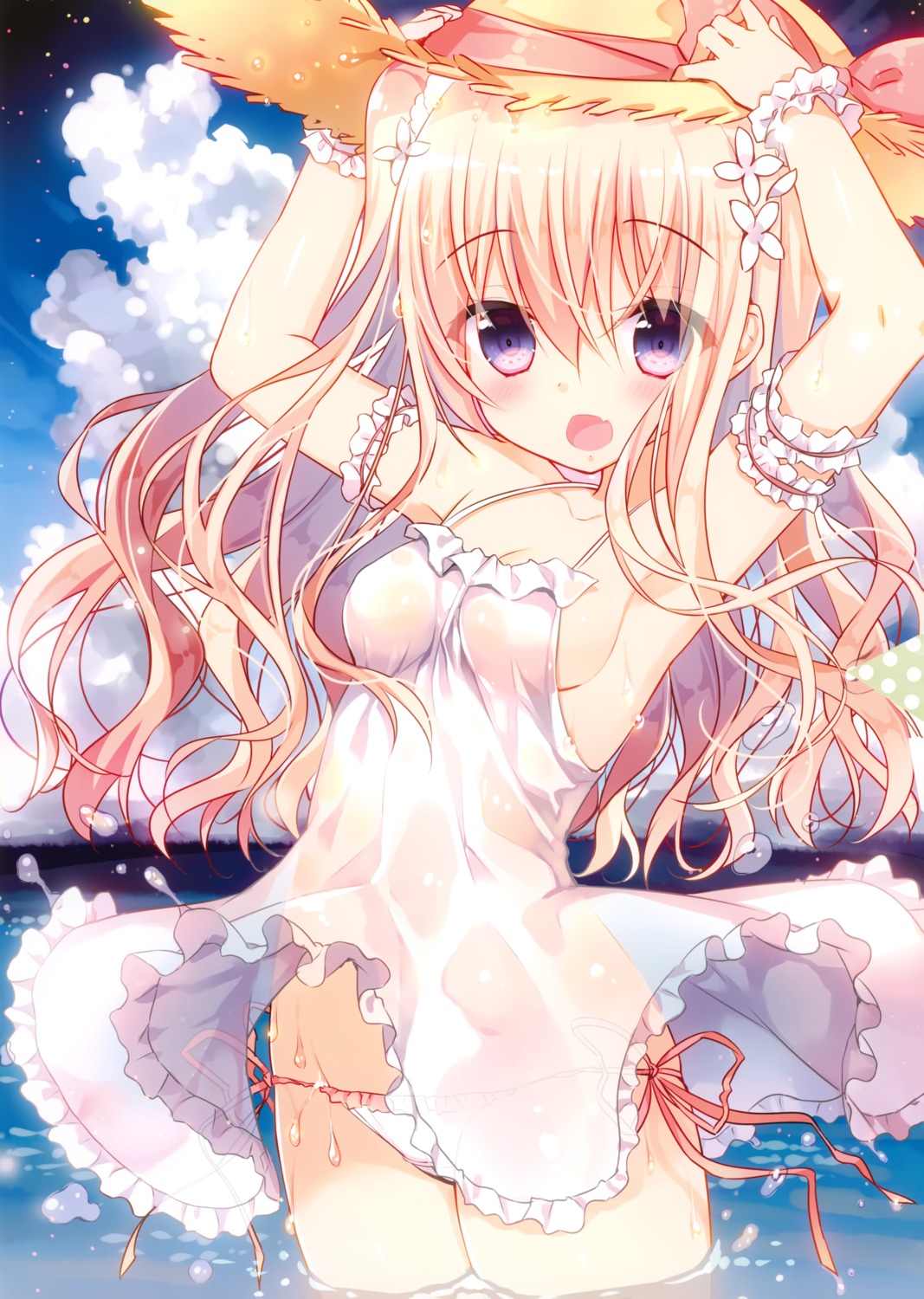 dress loli no_bra pantsu see_through seifuku skirt_lift string_panties summer_dress wet wet_clothes yada_potato