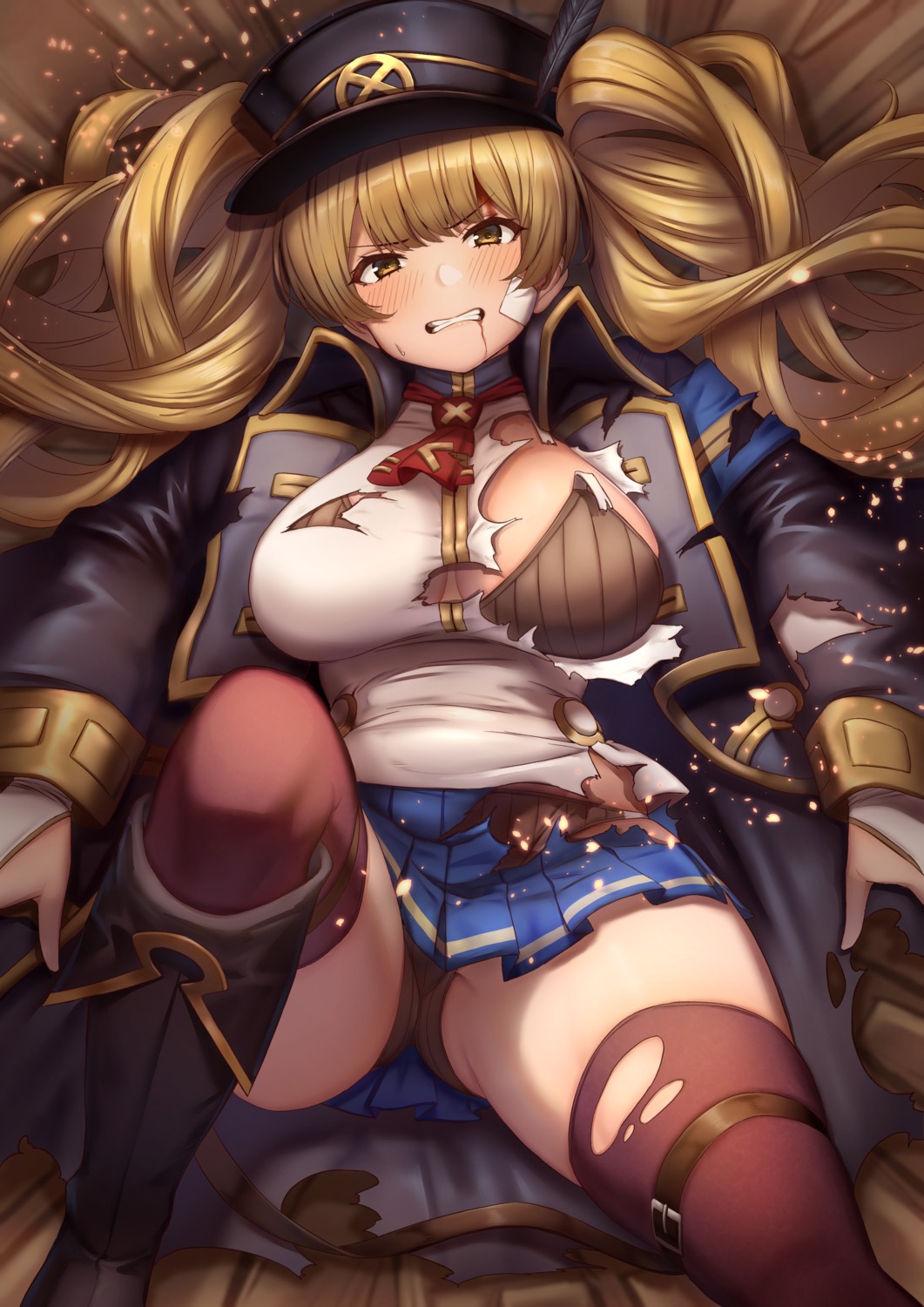 bandaid blood bra cleavage garter granblue_fantasy kent0320 monika_weisswind pantsu skirt_lift thighhighs torn_clothes uniform