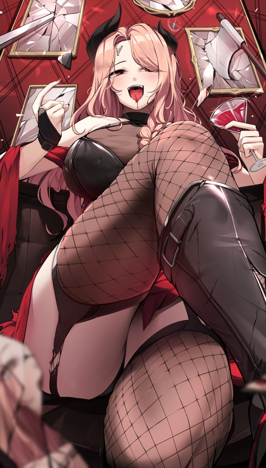 ddangbi fishnets horns stockings thighhighs torn_clothes
