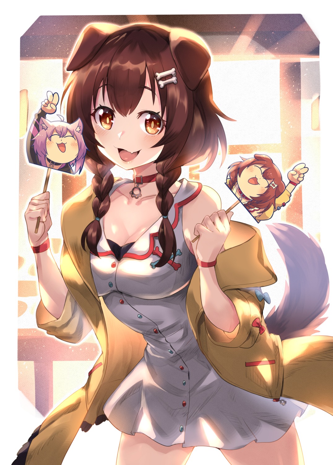 animal_ears chibi cleavage dress hololive hololive_gamers inugami_korone inumimi nekomimi tail tomoyohi