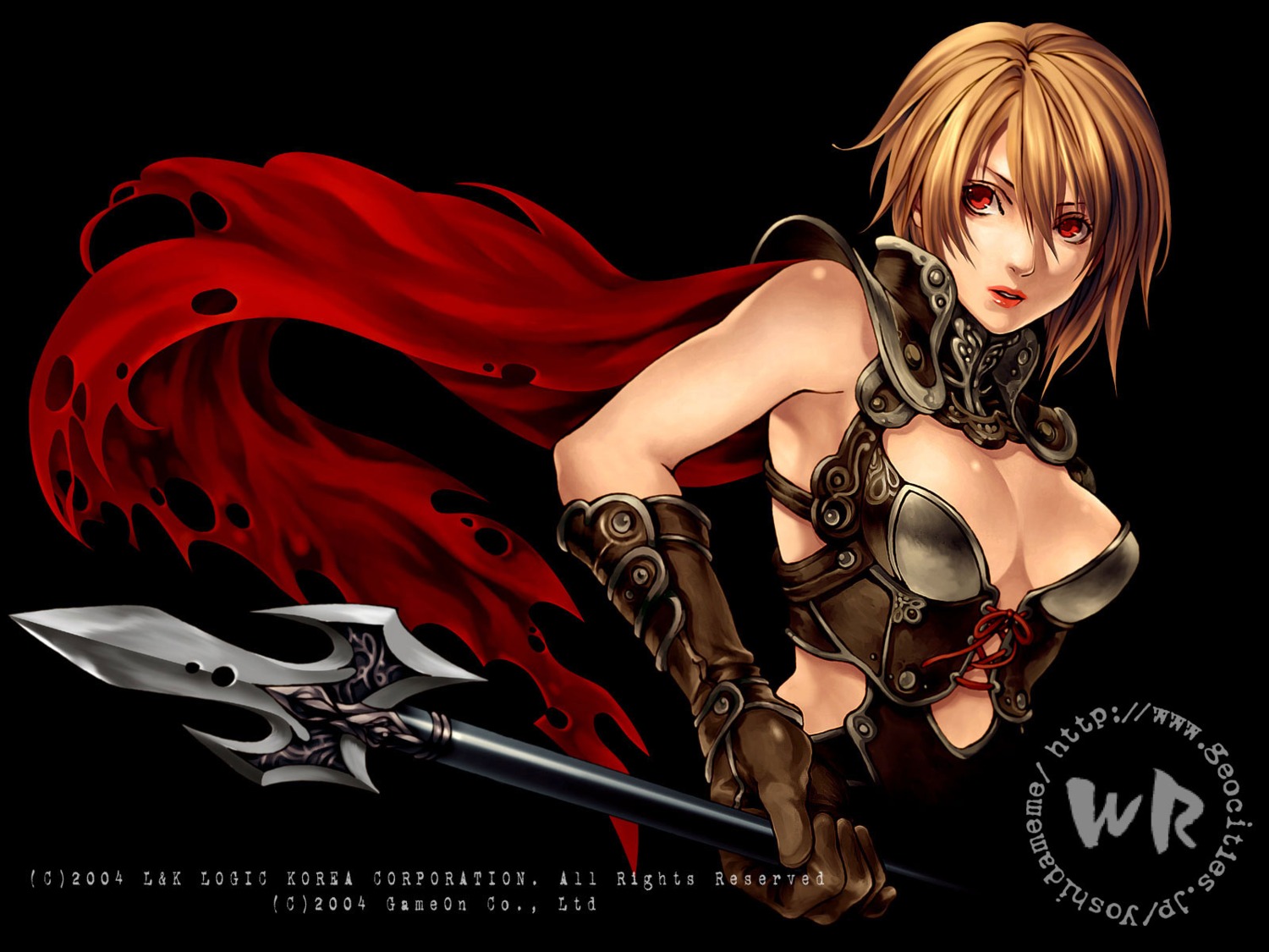 armor cleavage hayabusa_yuuki l&k_logic_korea lancer_(red_stone) red_stone torn_clothes wallpaper