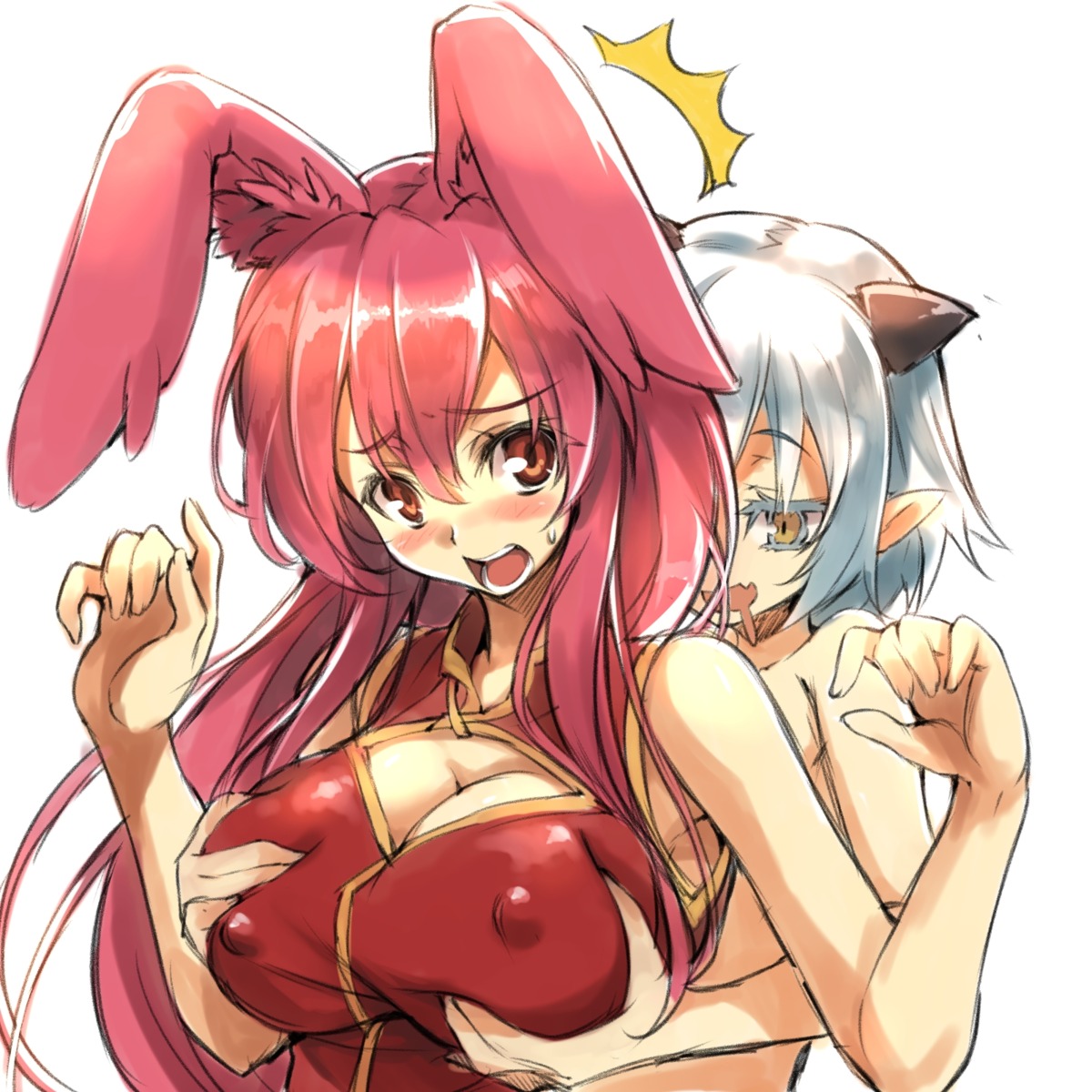 animal_ears breast_grab bunny_ears cleavage devil eaglebreak erect_nipples horns kurousagi_(mondaiji) loli mondaiji_tachi_ga_isekai_kara_kuru_sou_desu_yo? naked shiroyasha_(mondaiji) yuri