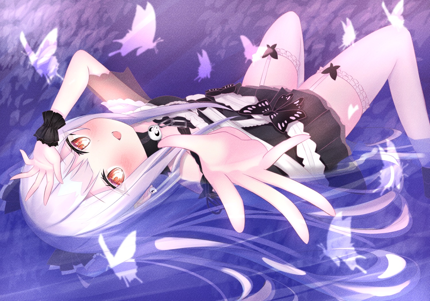 fenrir_(fenlil0316) hololive skirt_lift stockings thighhighs uruha_rushia wet