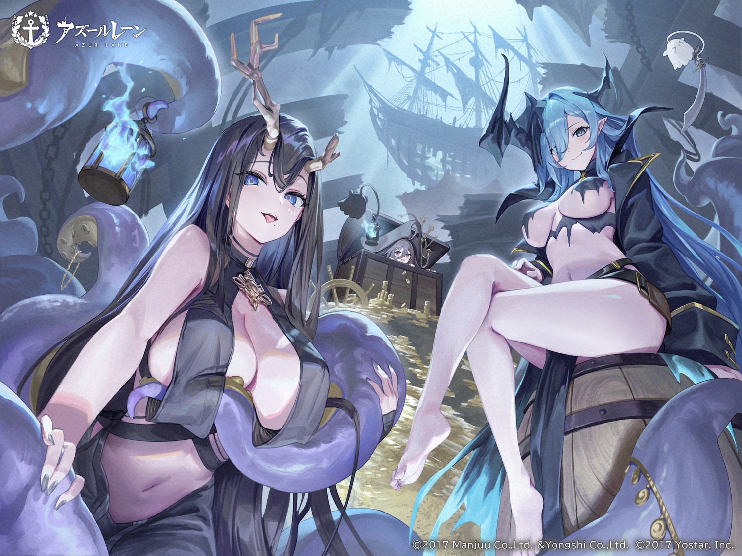 azur_lane breasts erect_nipples gesoking golden_hind_(azur_lane) horns mary_celeste_(azur_lane) no_bra open_shirt pasties pointy_ears tentacles whydah_(azur_lane)