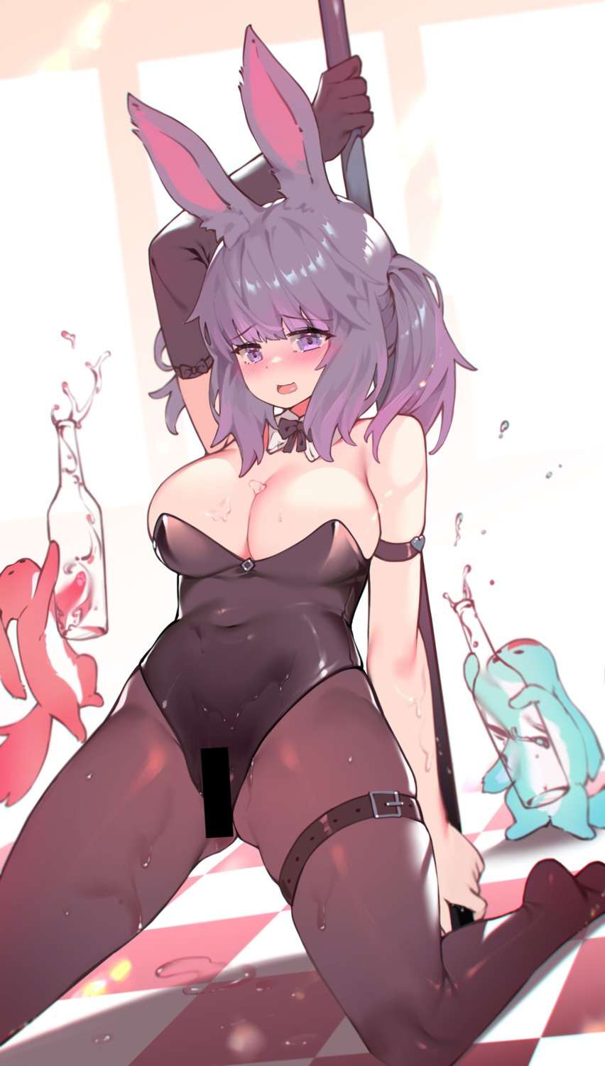 animal_ears bunny_ears bunny_girl censored final_fantasy final_fantasy_xiv garter no_bra pantyhose wet zhazhapao